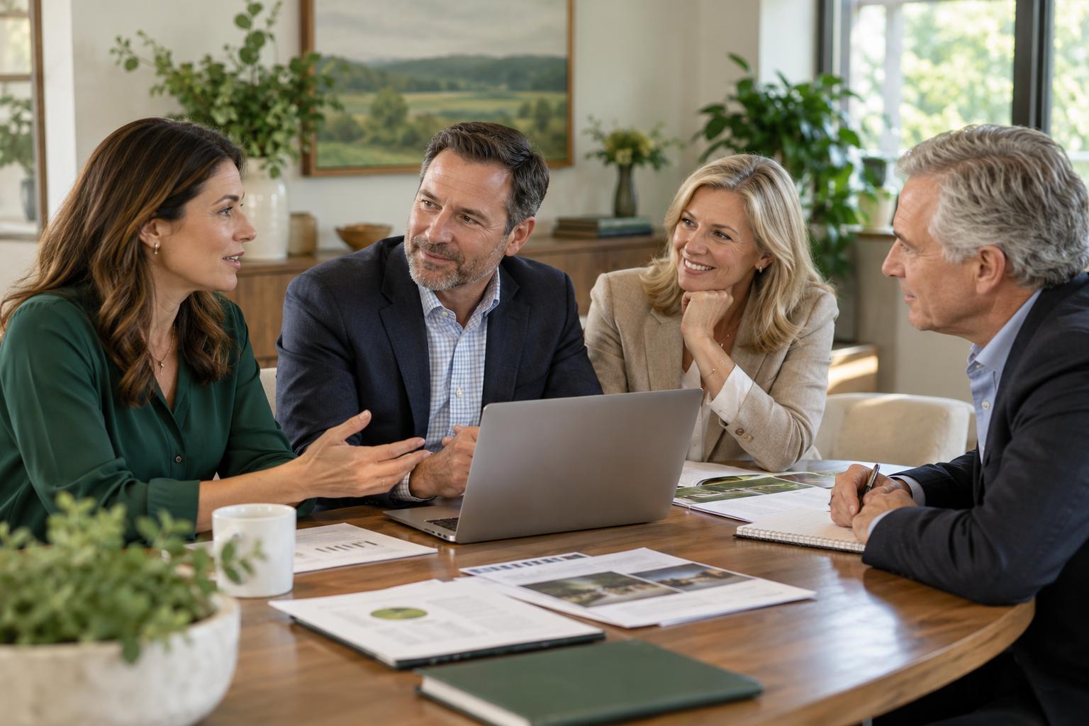 Four people meeting around a table with a laptop and documents